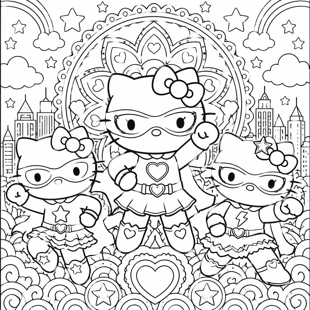 Schwarz-weiße Ausmalbild-Illustration mit Superhelden-Kindern im Manga-Stil, detailreich, mit klaren Konturen.