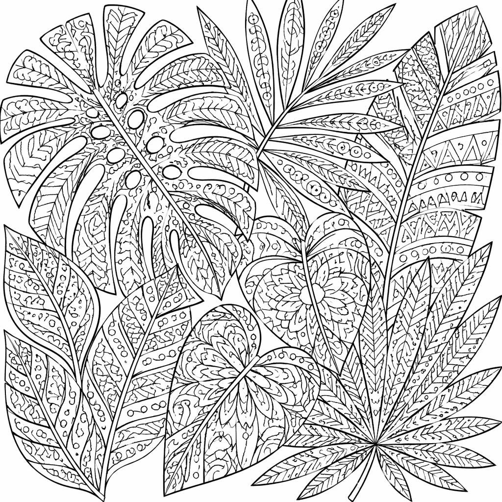 Black-and-white coloring page with intricate tropical leaves in a zentangle mandala style, clean printable outlines.