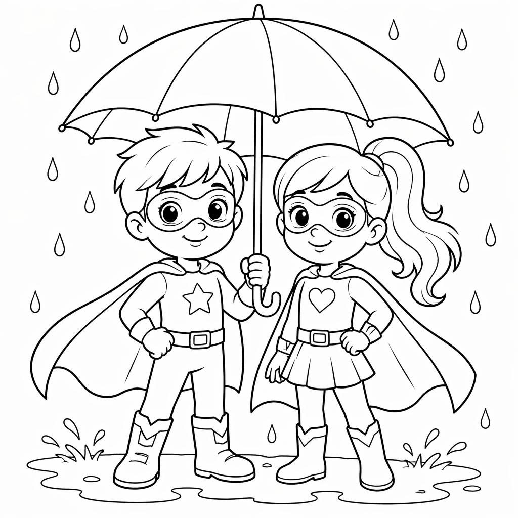 Schwarz-weiße Ausmalbild-Illustration mit Superhelden-Kindern und Regenschirm, klare Konturen, ohne Schattierung.