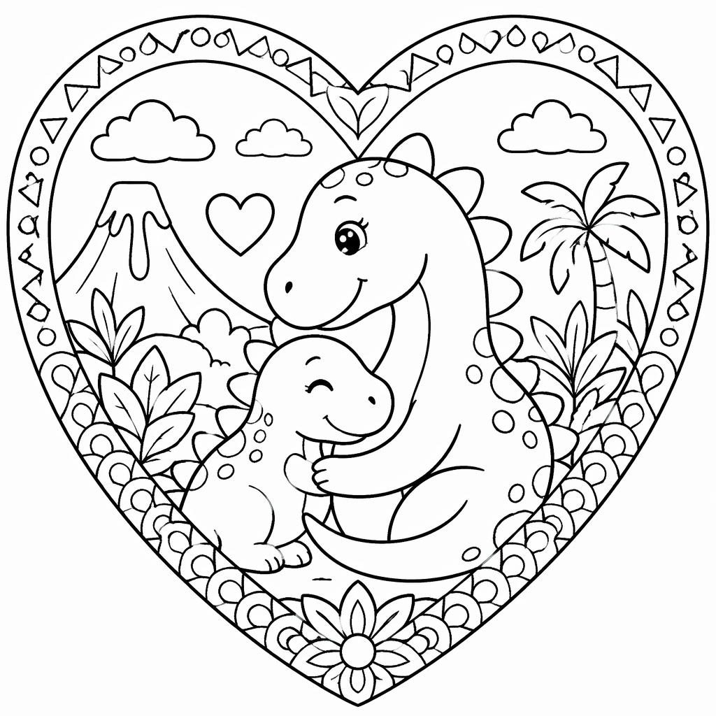 Schwarz-weiße Ausmalbild-Illustration mit kinderfreundlichen Dinosauriern, Herzen und einfachen Mandala-Formen.