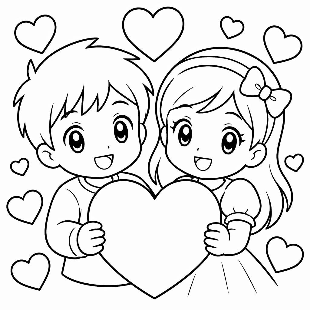 Página para colorear en blanco y negro con corazones de San Valentín para niños, estilo manga simple y contornos gruesos.