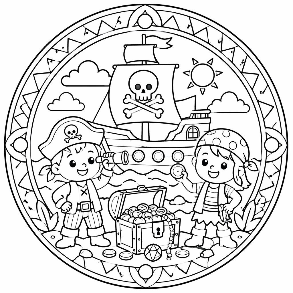 Ilustración para colorear en blanco y negro de un barco pirata con tesoro, estilo mandala simple para niños.