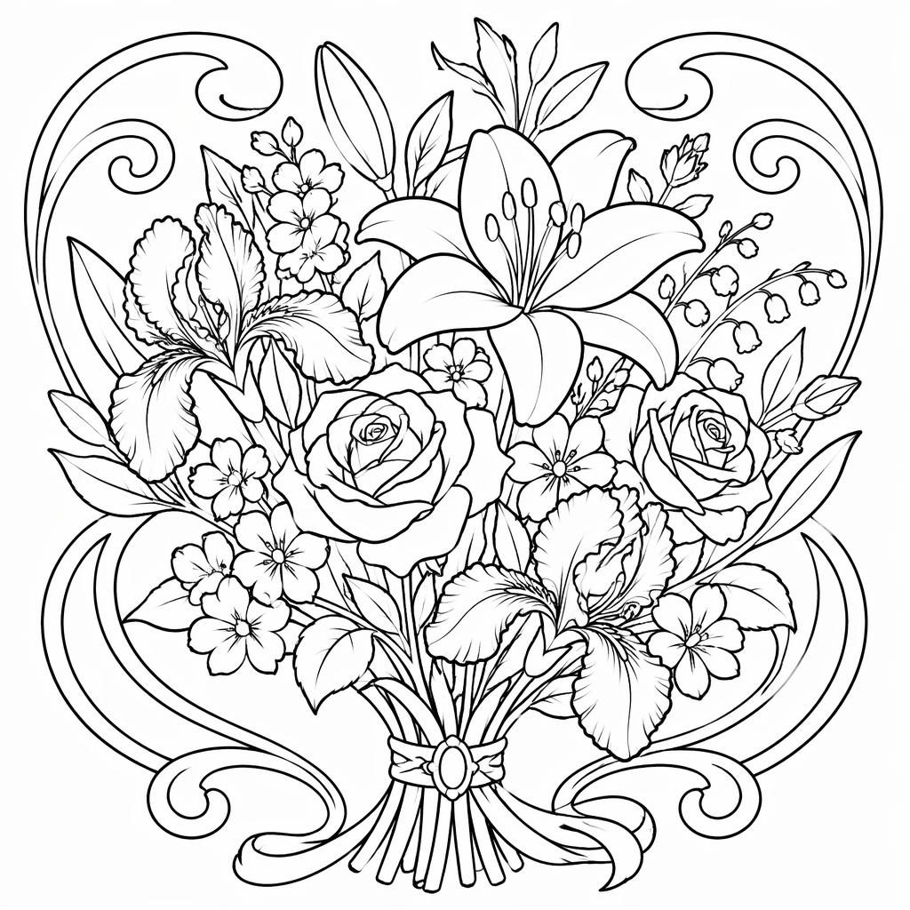 Illustration noir et blanc d’un bouquet de fleurs détaillé, style art nouveau, en contours nets à colorier.