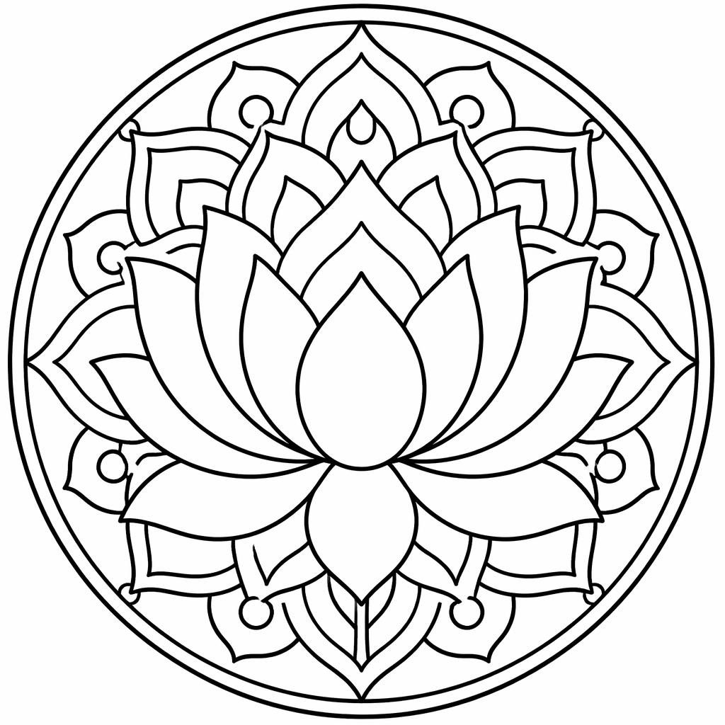 Ilustración para colorear en blanco y negro de un loto mandala con líneas gruesas, fondo blanco y formas cerradas.