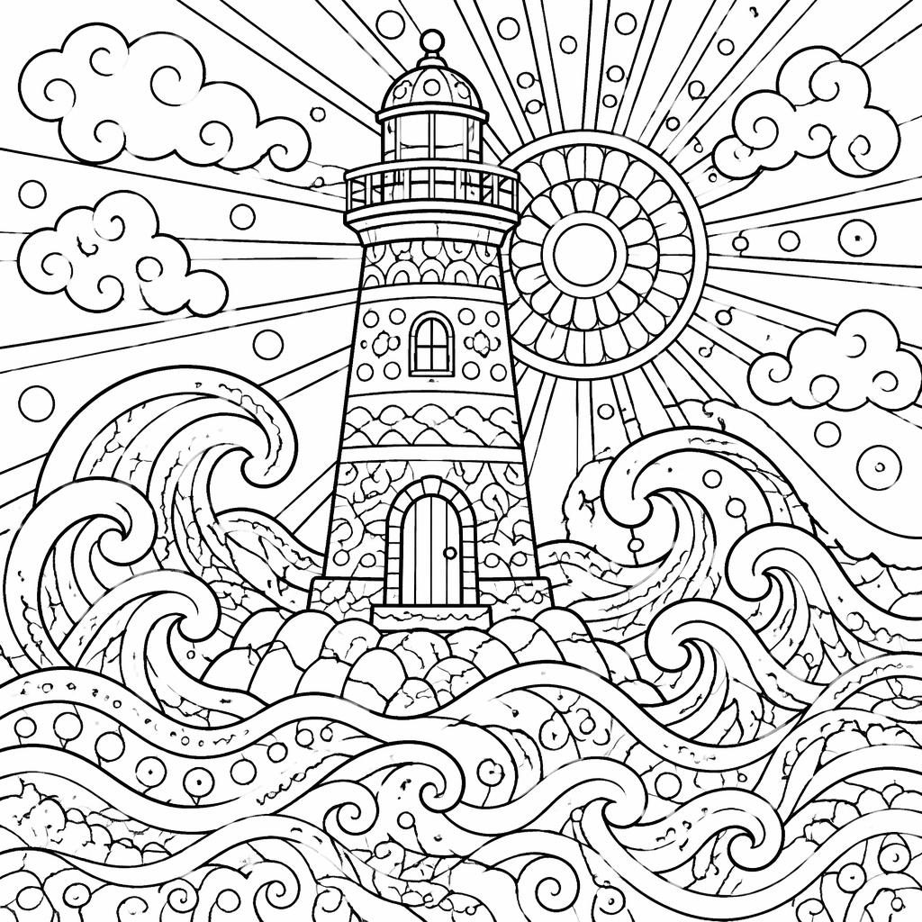 Black-and-white coloring page with a lighthouse, ocean waves, and intricate doodle-style line art on white background.
