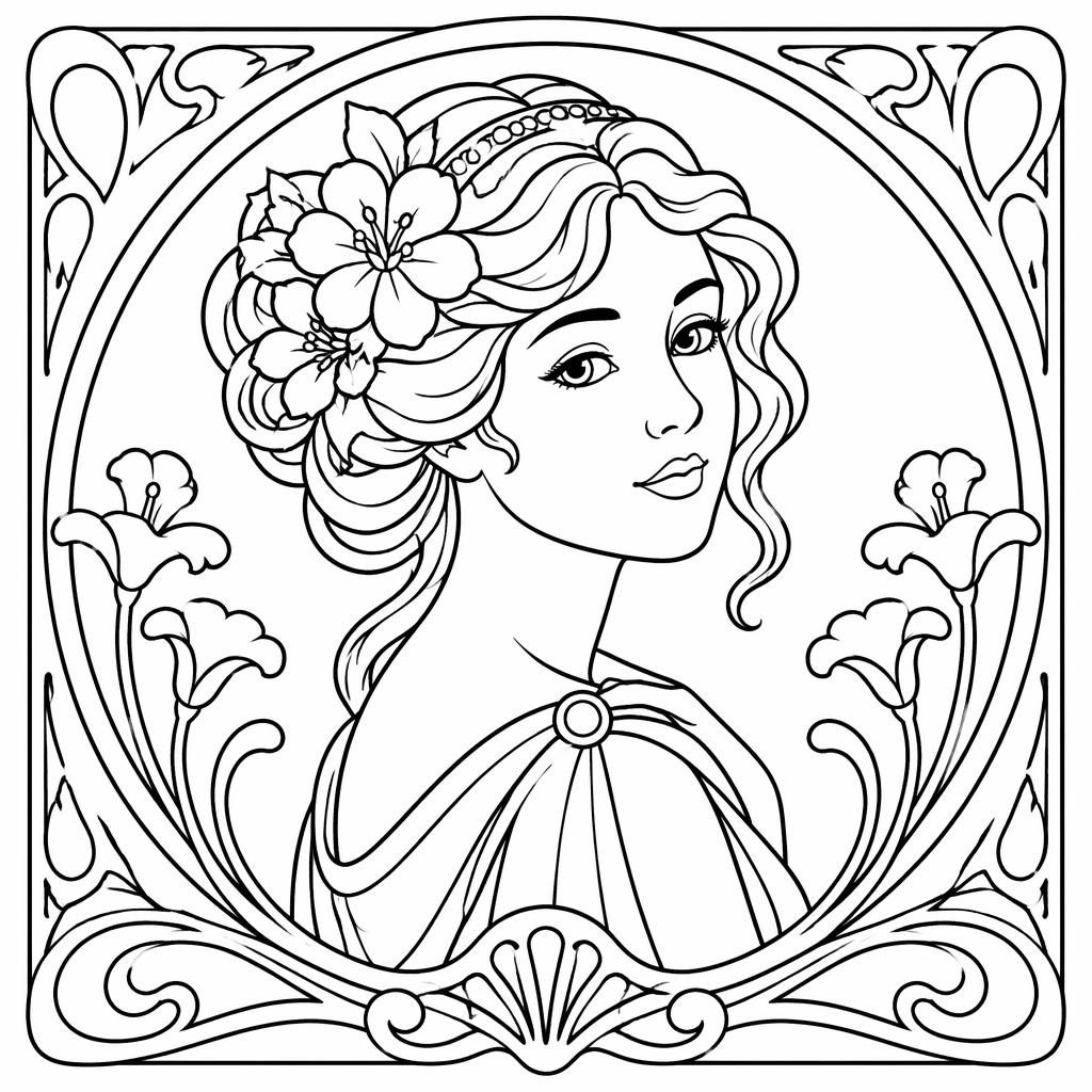 Retrato de mujer estilo art nouveau en blanco y negro, con contornos simples y formas cerradas para colorear.