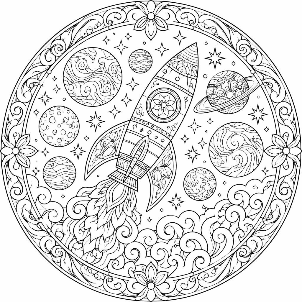 Illustration noir et blanc d’une fusée entourée de planètes, style mandala détaillé, à colorier pour enfants.