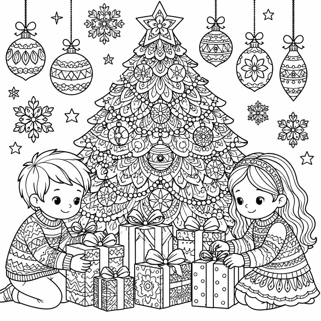 Ilustración para colorear en blanco y negro de un árbol de Navidad con regalos y niños, estilo mandala detallado.