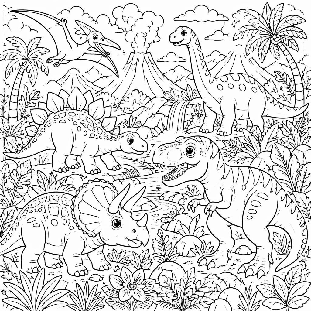 Ilustración para colorear en blanco y negro con escenas de dinosaurios para niños, trazos botánicos detallados.