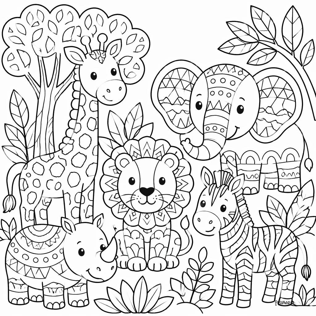 Ilustración para colorear en blanco y negro con animales de safari estilo zentangle simple y detalles botánicos.