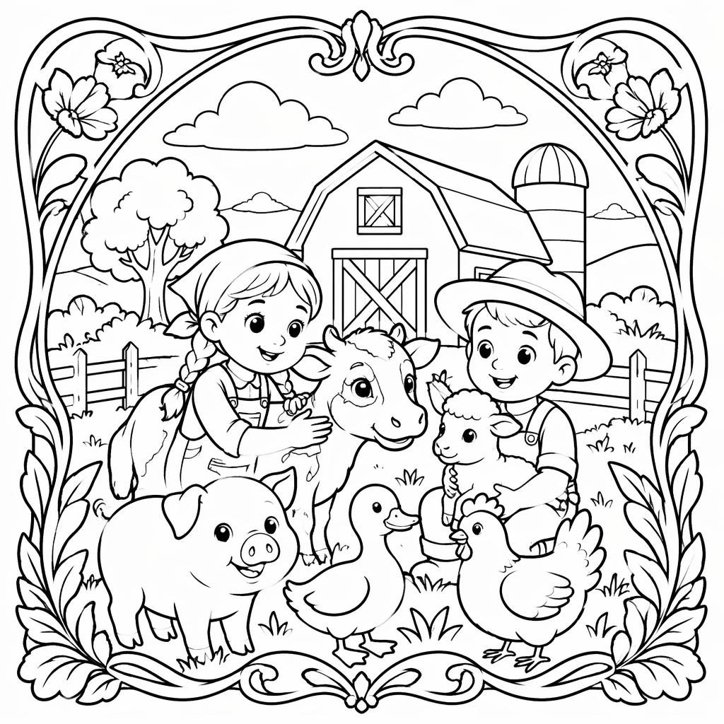 Página para colorear en blanco y negro con niños y animales de granja, estilo art nouveau y líneas limpias.