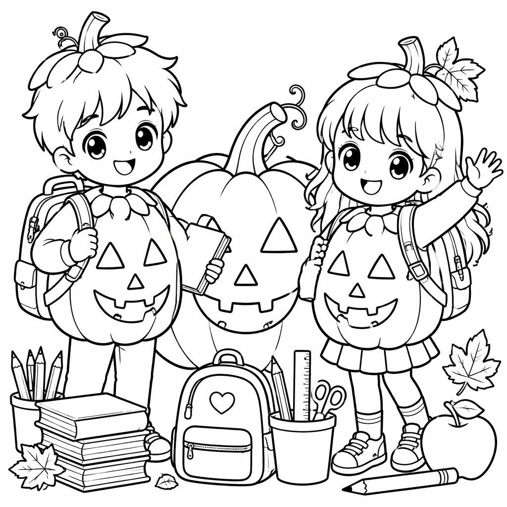 Illustration noir et blanc à colorier de enfants avec une citrouille d’Halloween, style manga, contours nets.