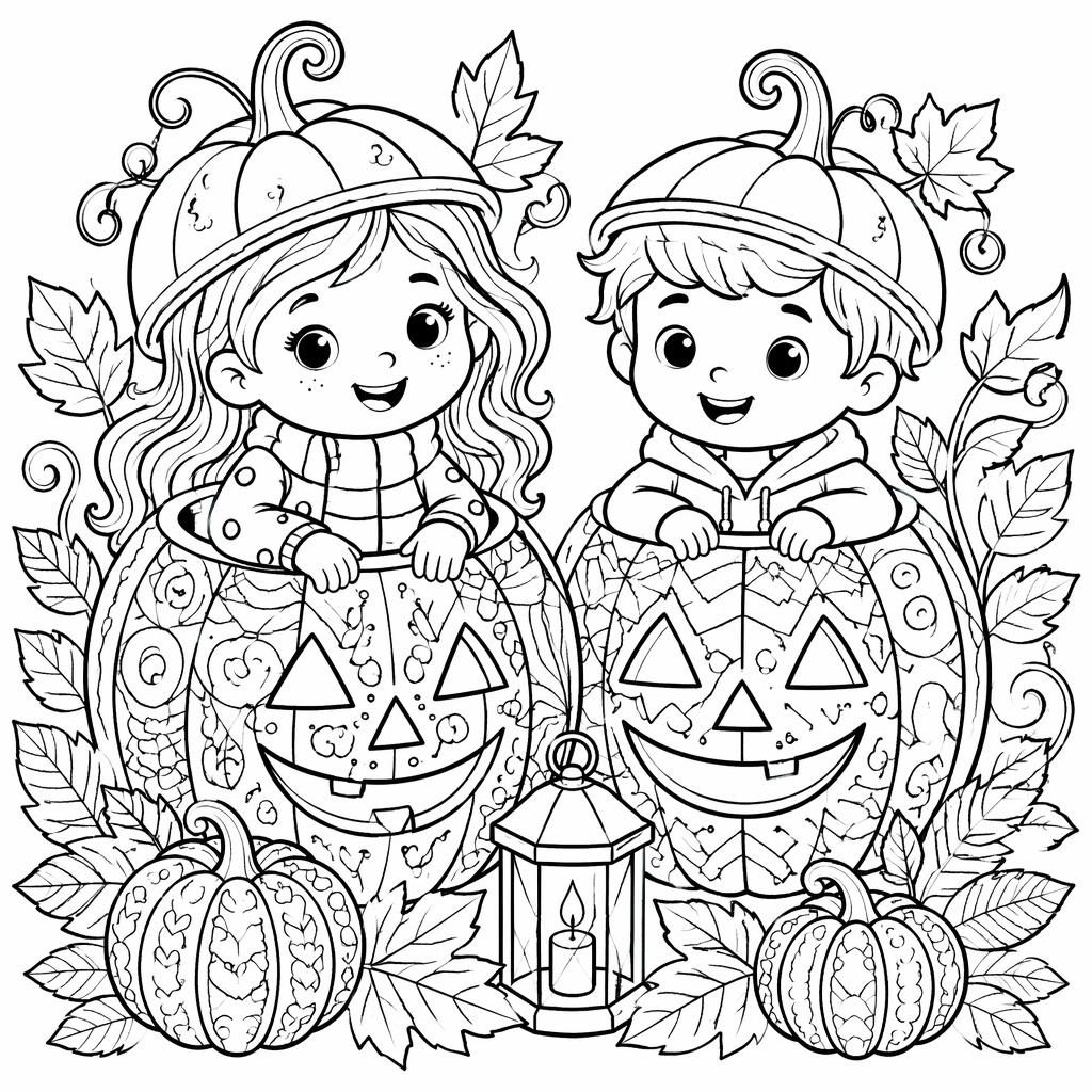 Schwarz-weiße Ausmalbild-Illustration mit kindlichen Halloween-Kürbissen im Zentangle-Stil, als klare Line-Art.