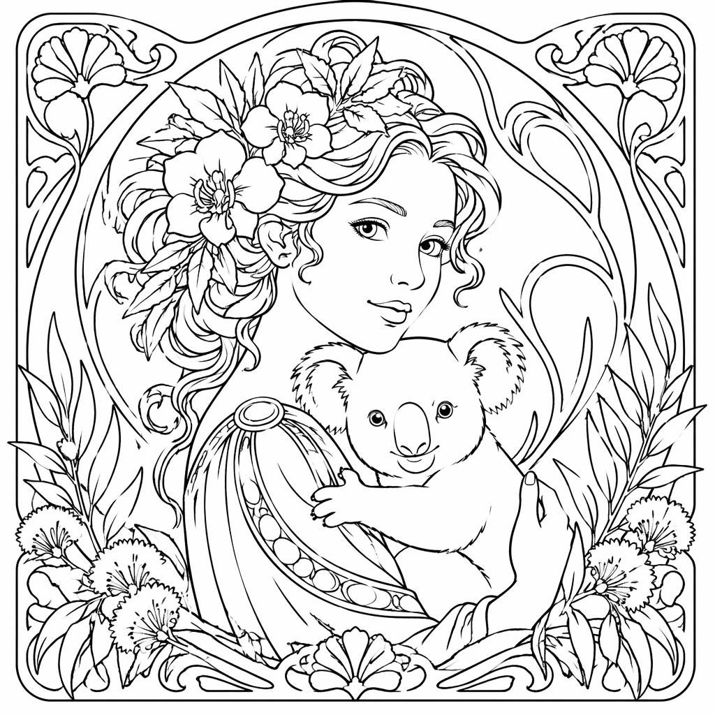 Schwarz-weiße Ausmalseite mit einem Jugendstil-Frauenporträt und botanischen Ornamenten als klare Linienzeichnung.