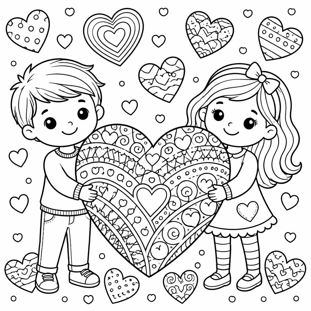 Schwarz-weiße Ausmalvorlage mit großen Herzen im Zentangle-Stil, klare Konturen, kinderfreundlich und druckbar.