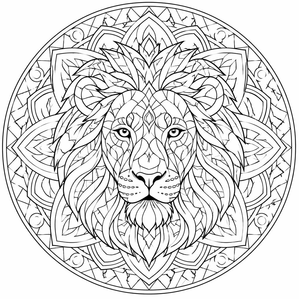 Schwarz-weißes Löwenkopf Ausmalbild als geometrisches Mandala für Erwachsene, mit klaren Konturen und vielen Details.