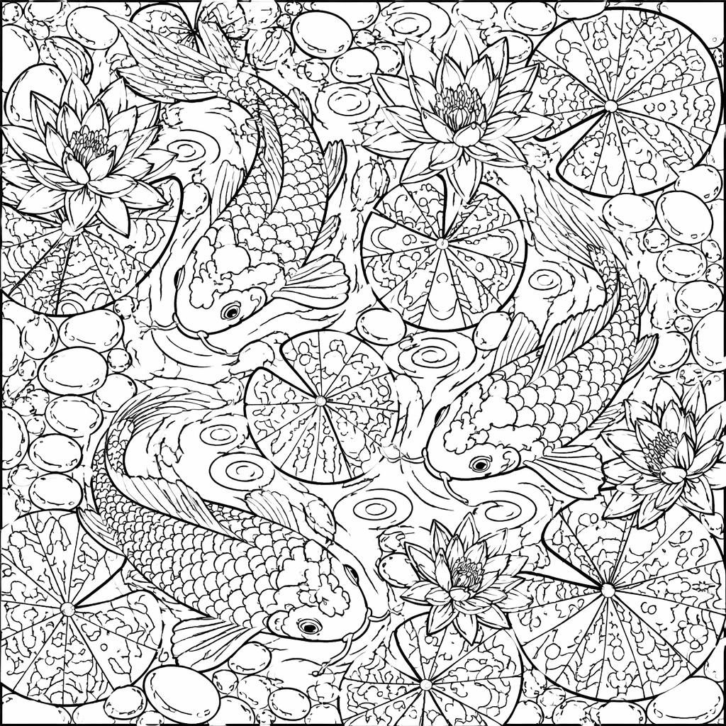 Black-and-white line art coloring page of a detailed koi pond with fish, lily pads, and zentangle patterns.