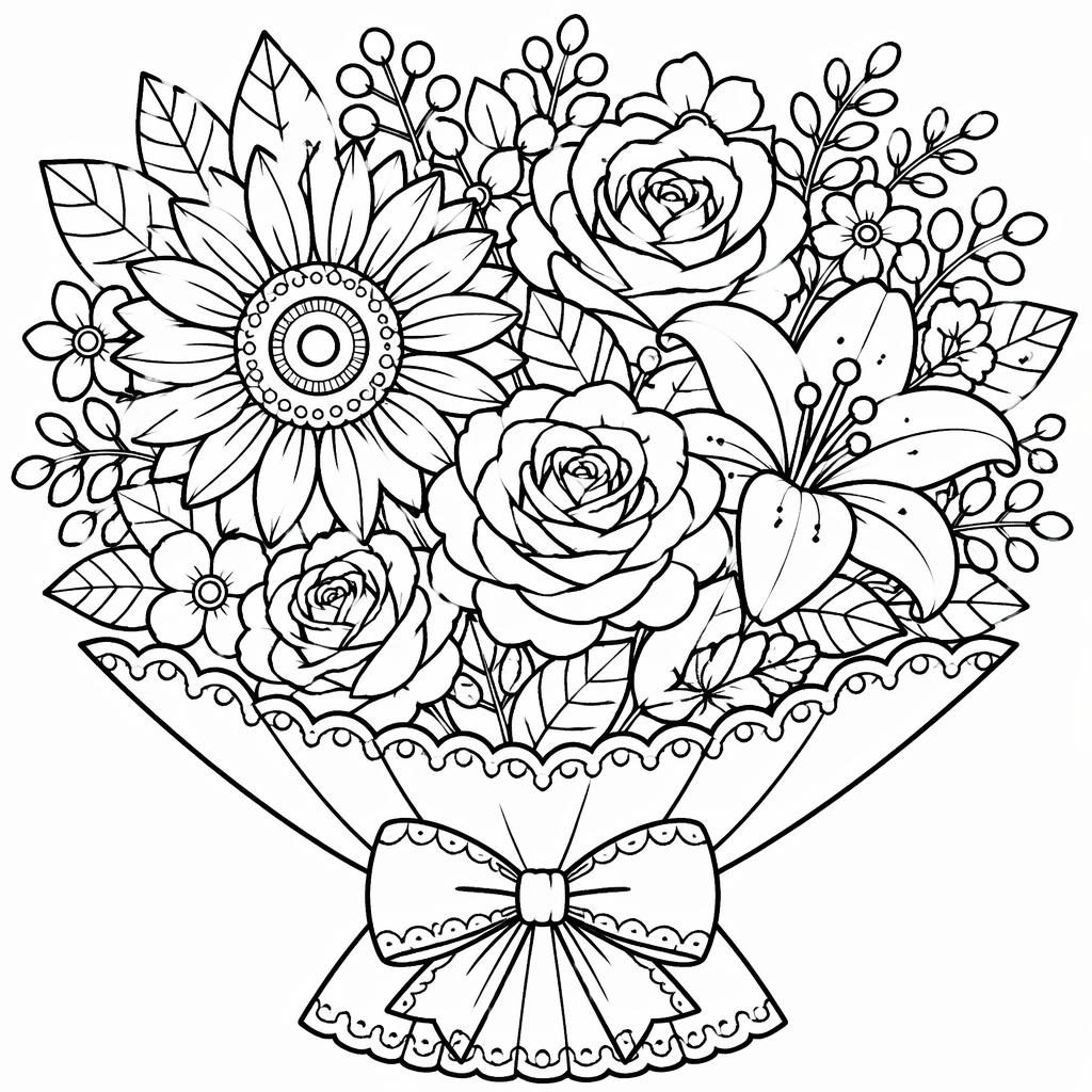 Schwarz-weiße Ausmalseite mit detailreichem Blumenstrauß in niedlichem Cartoon-Stil und klaren dicken Konturen