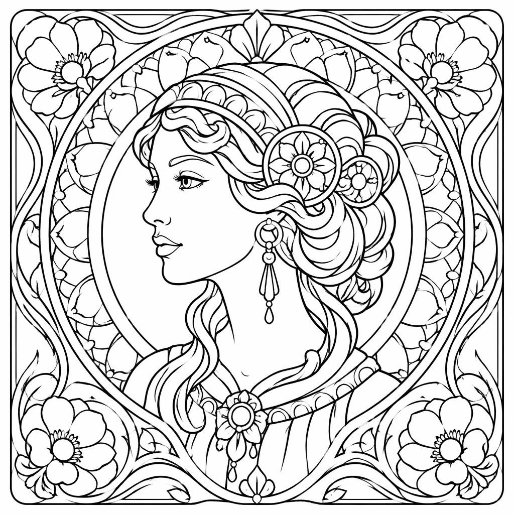 Schwarz-weiße Ausmalseite mit Jugendstil-Frauenporträt, klaren Konturen und mandalaartigen Mustern auf weißem Hintergrund.