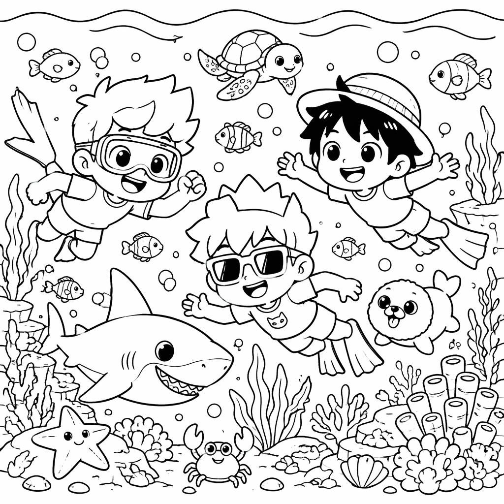 Ilustración para colorear en blanco y negro de una escena submarina infantil con peces, algas y formas simples.