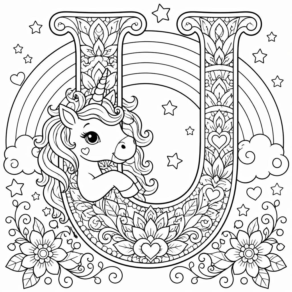 Black-and-white coloring page of a cute unicorn with a rainbow in intricate mandala-style line art.