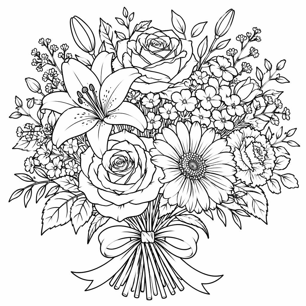 Schwarz-weiße Ausmalbild-Illustration eines detailreichen Blumenstraußes mit klaren Konturen auf weißem Hintergrund.