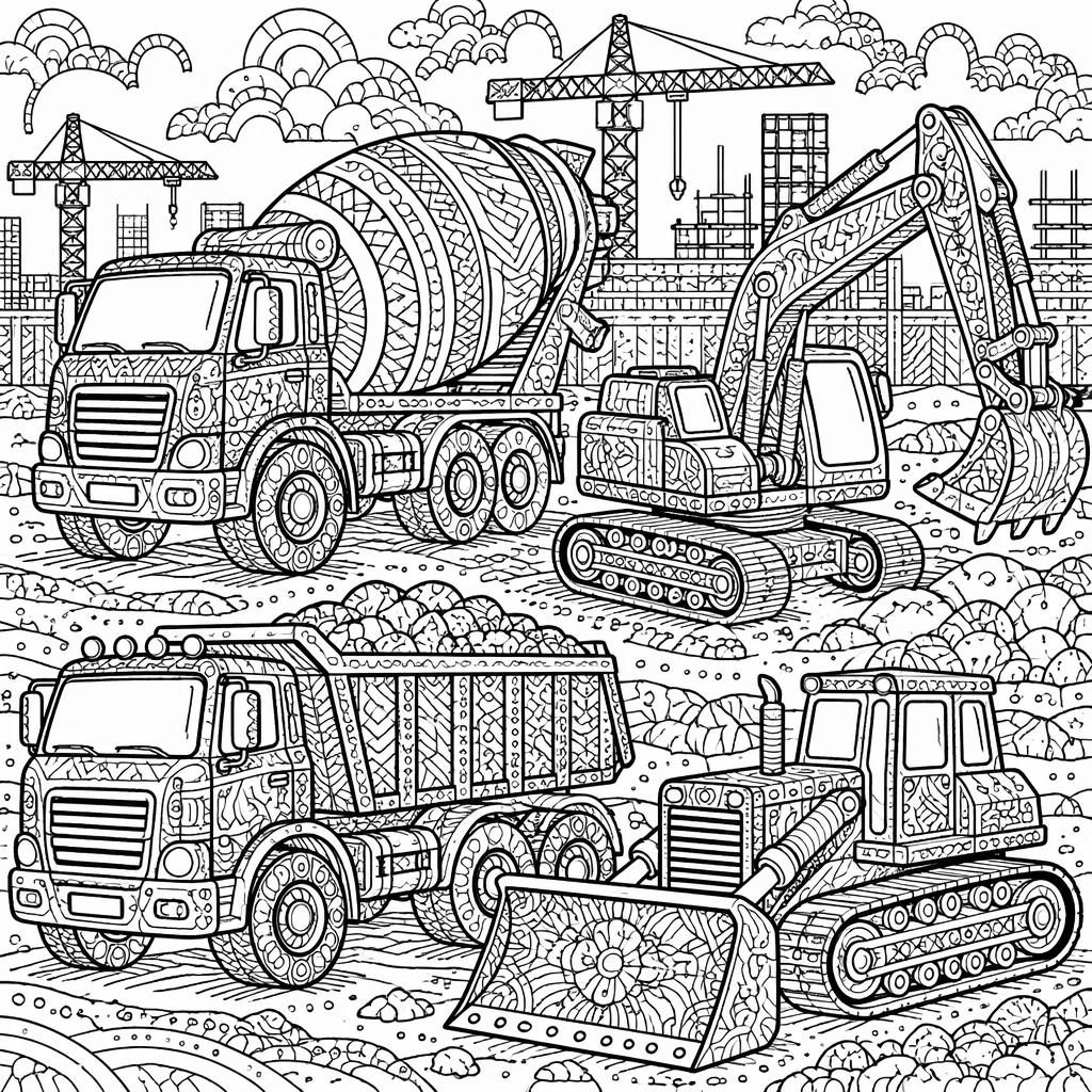 Black-and-white coloring page with construction trucks for kids in intricate zentangle doodle line art.