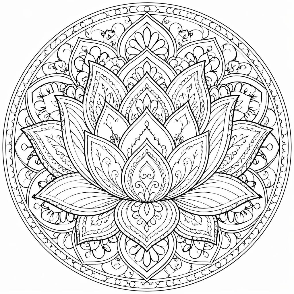 Schwarz-weiße Ausmalbild-Illustration mit detaillierter Mandala-Lotus-Blüte in klaren schwarzen Konturen auf weißem Hintergrund.