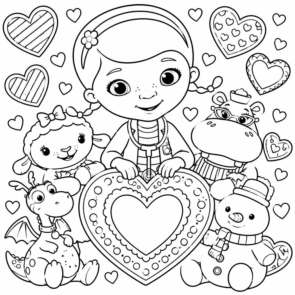 Schlichte schwarz-weiße Ausmalseite mit mehreren Valentine-Herzen im Doodle-Stil für Kinder.
