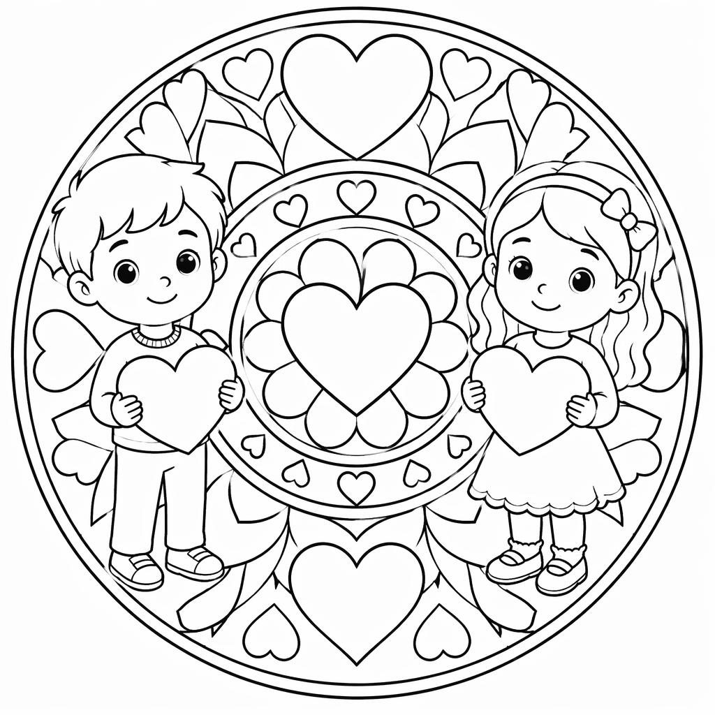 Ilustración para colorear en blanco y negro con corazones de San Valentín para niños, trazos simples y limpios.