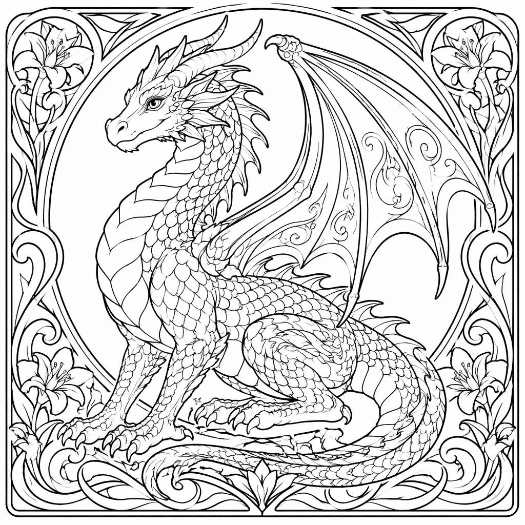 Schwarz-weiße Ausmalseite mit erwachsenem Fantasy-Drachen im Jugendstil, klare Konturen, kinderfreundlich.