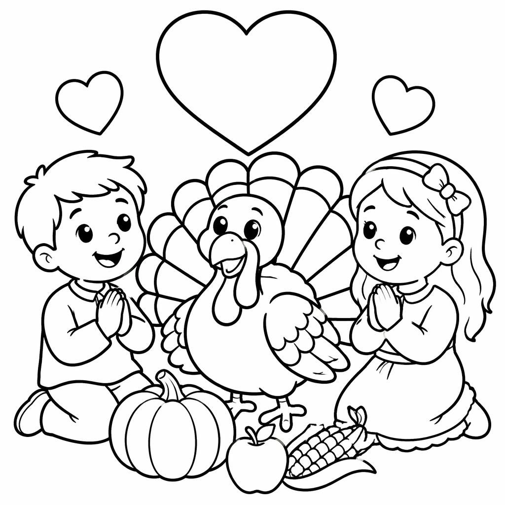 Ilustración para colorear en blanco y negro de un pavo de Acción de Gracias para niños, con líneas gruesas y formas cerradas.