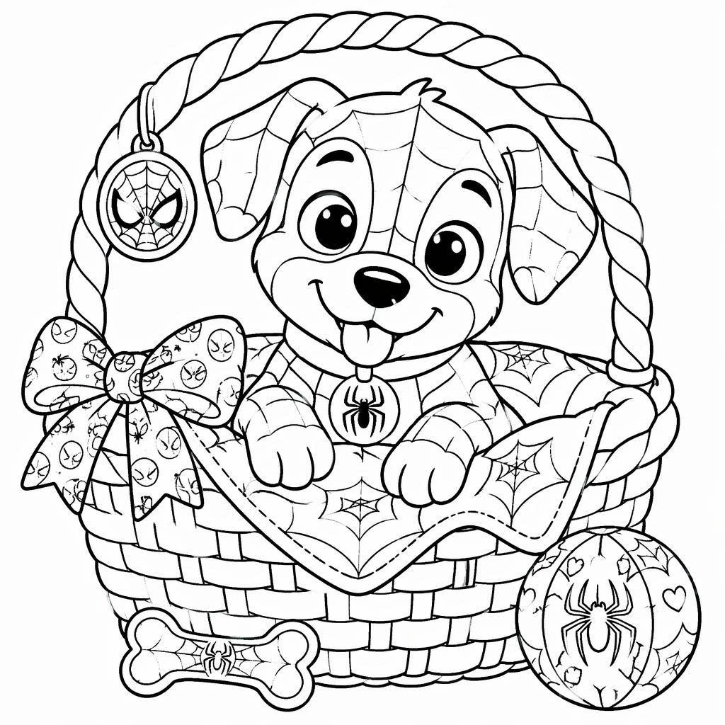 Illustration noir et blanc d’un chiot dans un panier, style doodle zentangle, contours simples pour coloriage enfant.