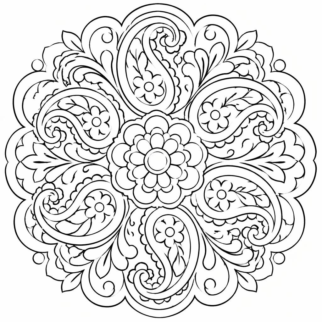 Ilustración para colorear en blanco y negro con patrones paisley de líneas gruesas, estilo art nouveau y formas cerradas.