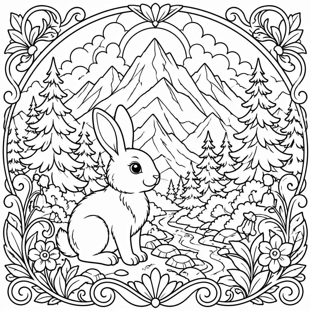 Black-and-white coloring page with mountains and pine trees in chunky Art Nouveau line art, printable for young kids.