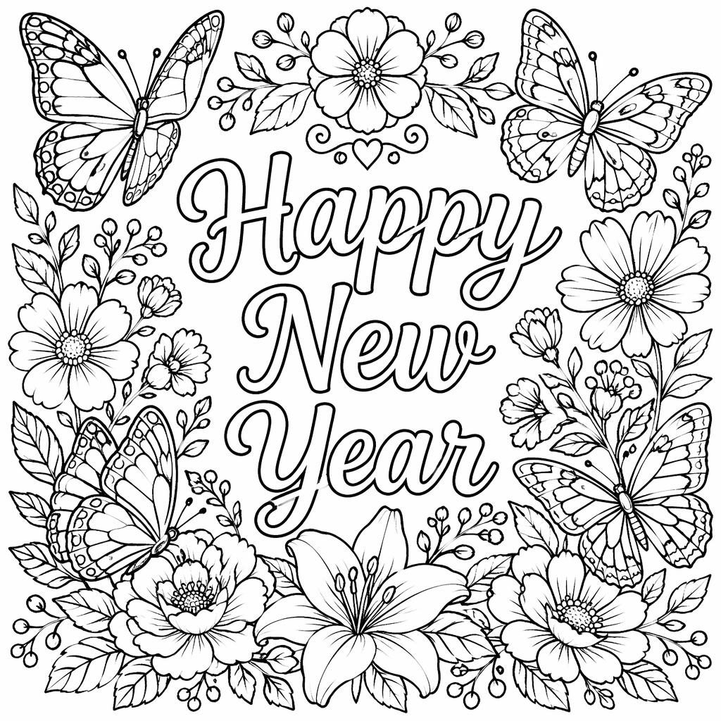 Black-and-white coloring page with detailed butterflies and flowers in clean botanical line art on a white background.