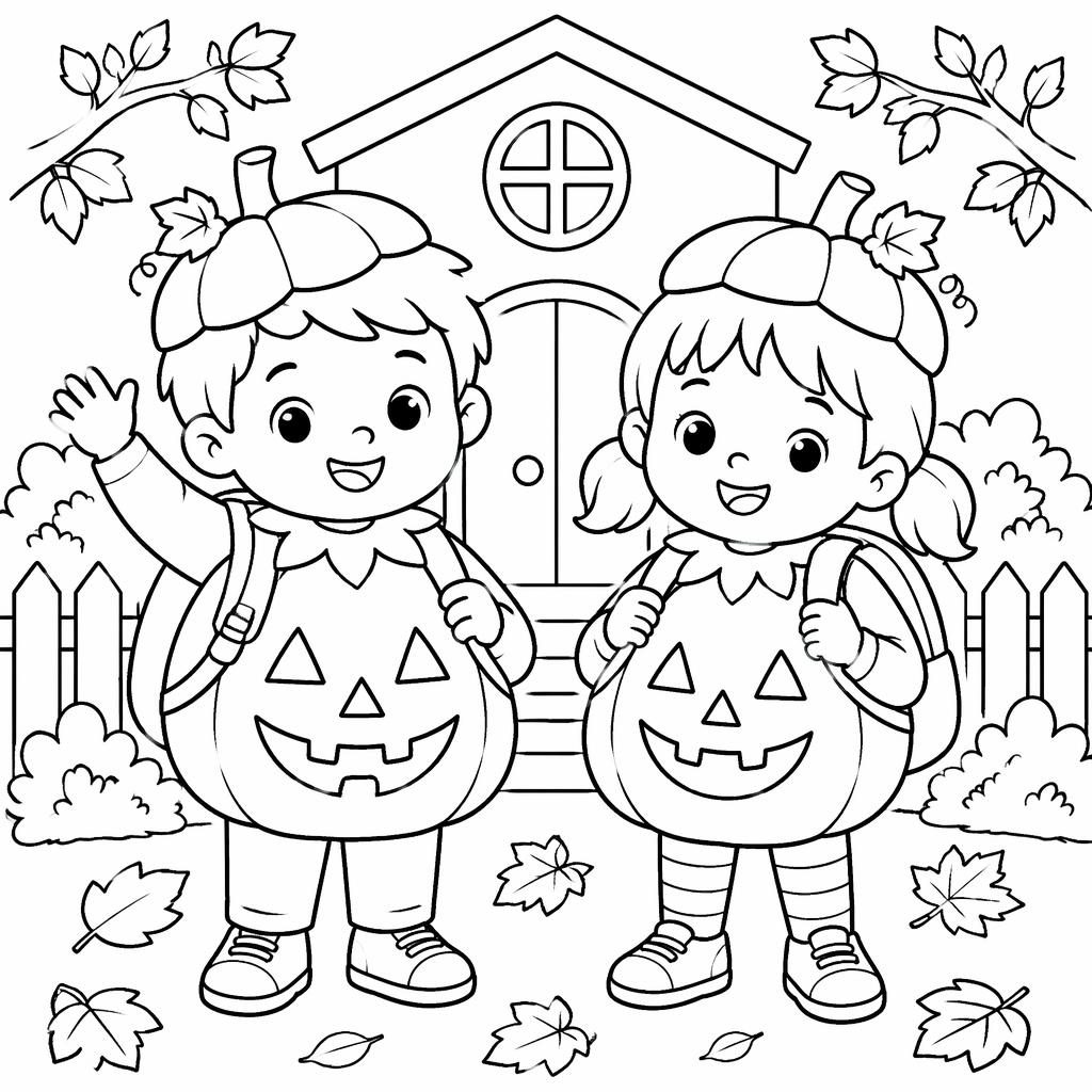 Illustration noir et blanc à colorier de deux enfants mignons avec une citrouille d’Halloween, style cartoon