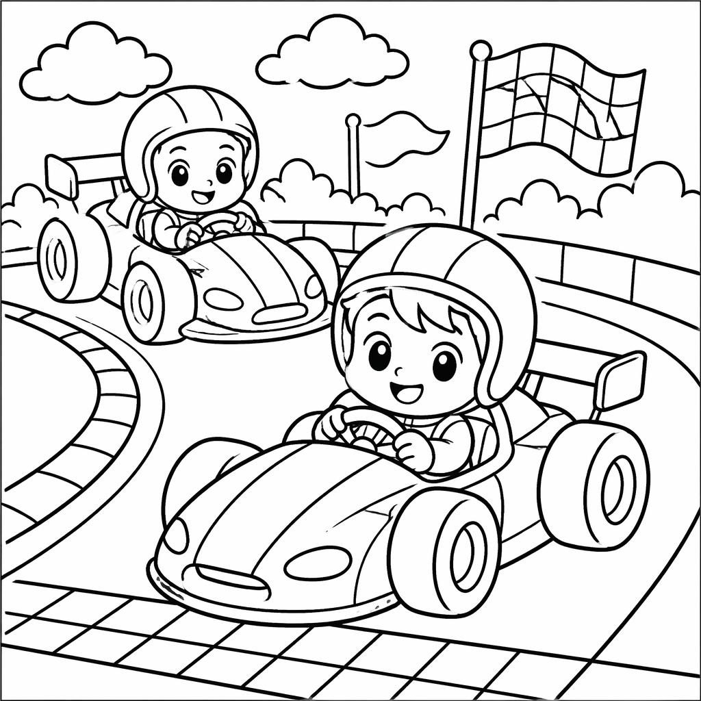 Schwarz-weiße Ausmalillustration mit kinderfreundlichen Rennwagen im Manga-Stil, klare Konturen auf weißem Hintergrund.