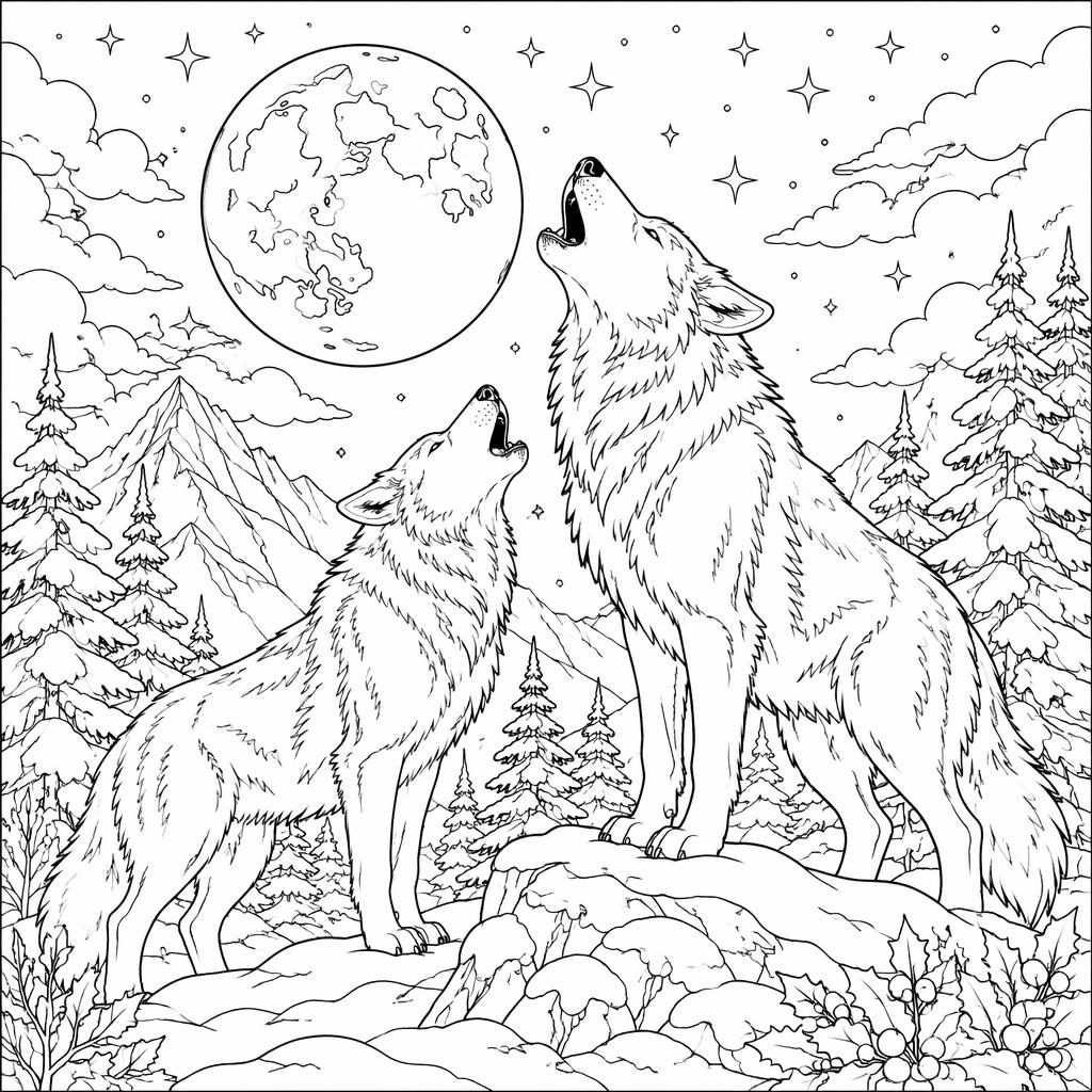 Schwarz-weiße Ausmalseite mit mehreren heulenden Wölfen vor großem Mond, als detailreiche Line-Art ohne Schattierung.