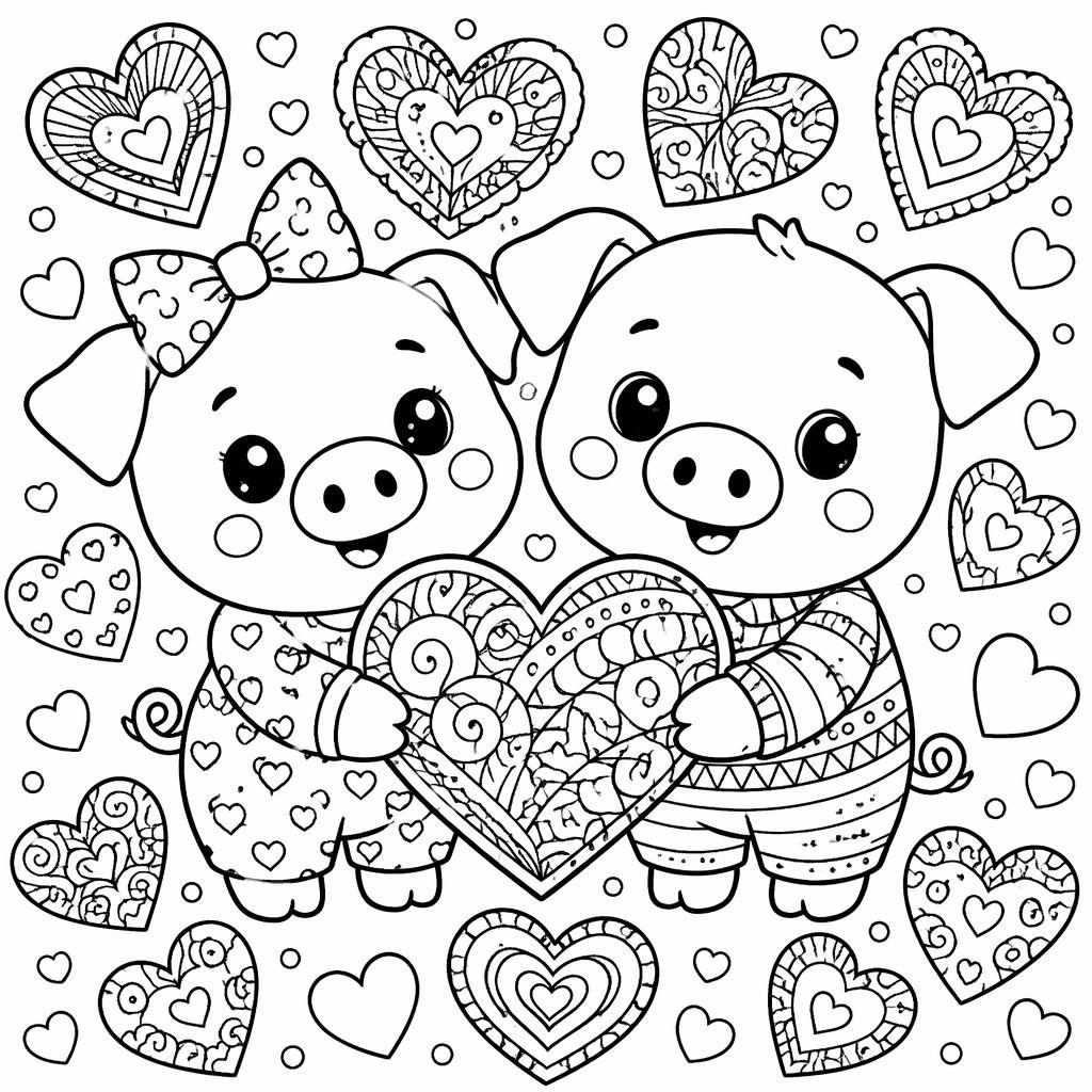 Página para colorear en blanco y negro con corazones de San Valentín para niños, estilo doodle y zentangle.