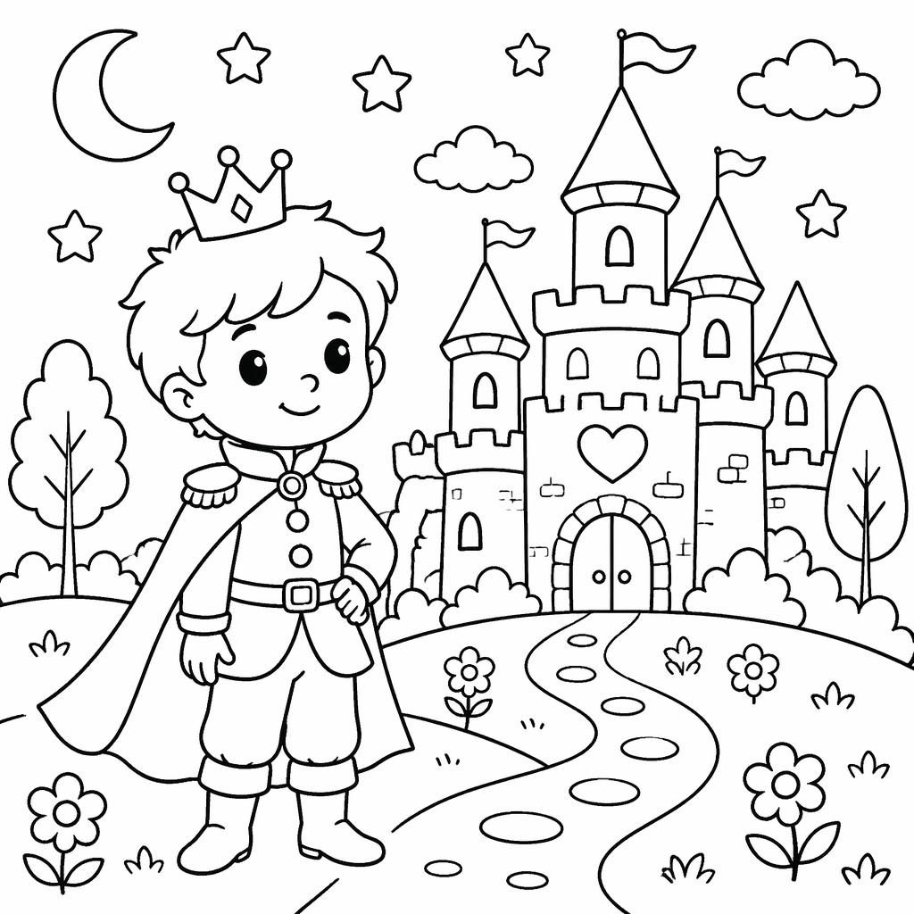 Página para colorear en blanco y negro con castillo de princesa de cuento, estilo doodle simple para niños.