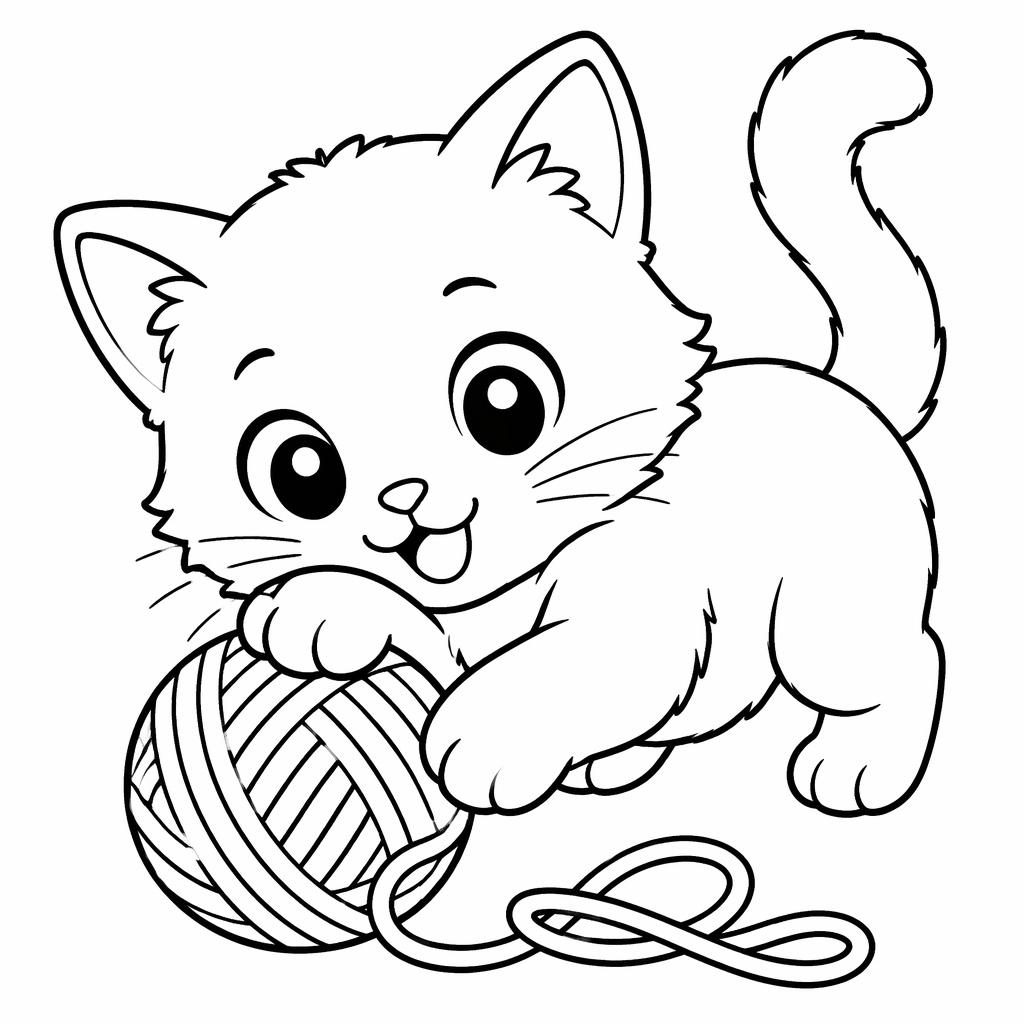 Schwarz-weiße Ausmalbild-Illustration eines Kätzchens mit Wollknäueln im einfachen Manga-Linienstil.