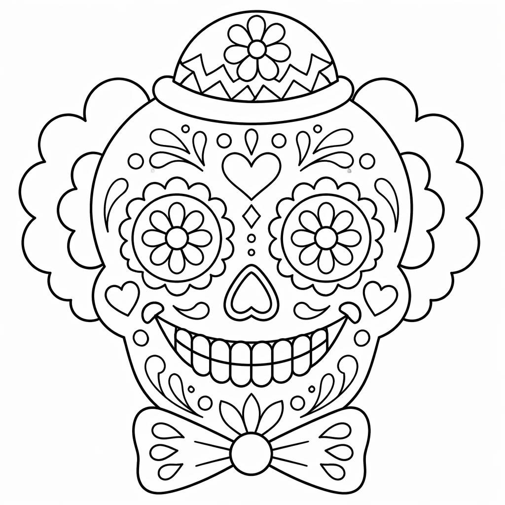 Schwarz-weiße Malvorlage mit Zucker-Schädel im Mandala-Stil, klare Konturen, symmetrisches Clown-Gesicht für Kinder