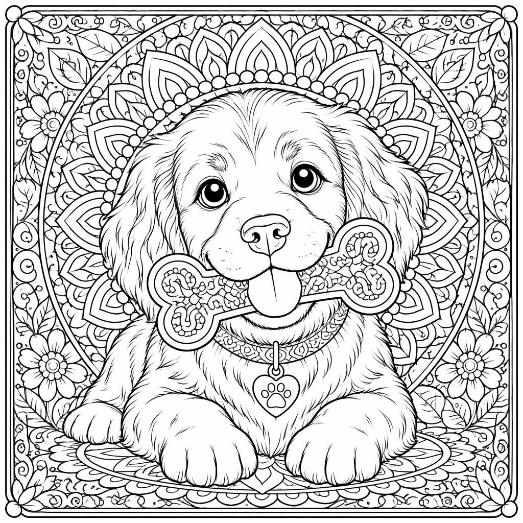 Black-and-white line art coloring page of a cute dog with a bone, detailed patterns, clean outlines on white.