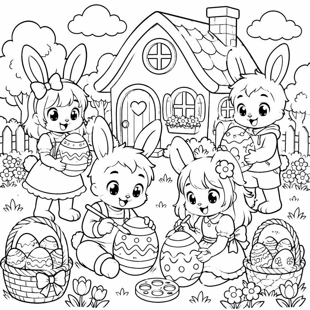 Ilustración en blanco y negro de conejitos niños con huevos de Pascua, estilo manga, lista para colorear.