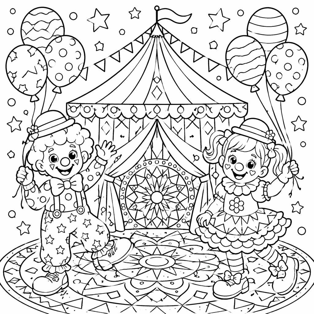 Black-and-white coloring page showing a circus tent, clown kids, and mandala-style geometric details in clean line art.