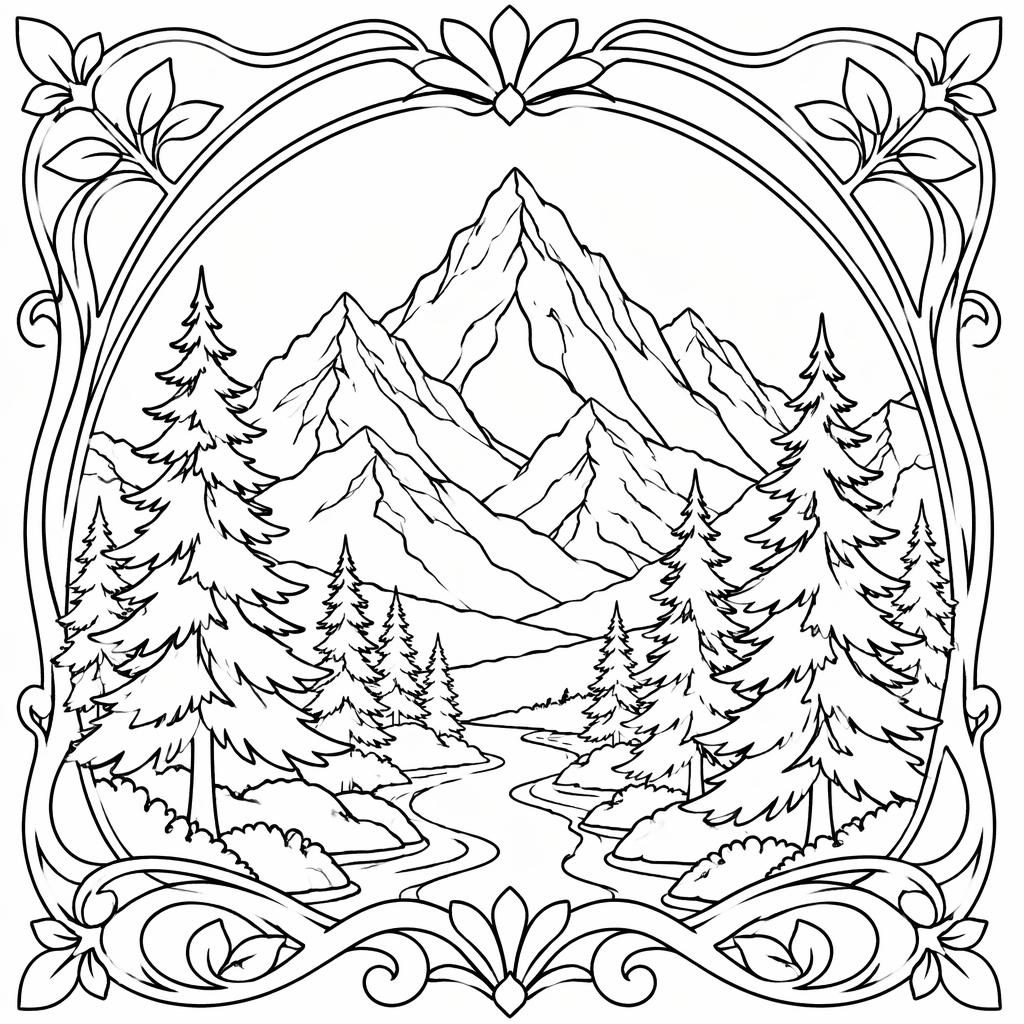 Illustration noir et blanc à imprimer avec montagnes et sapins, contours nets style art nouveau, sans ombrage.