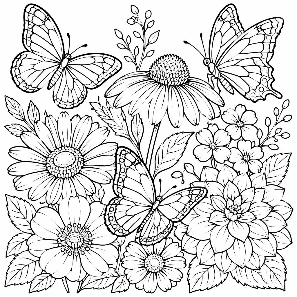 Schwarz-weiße Ausmalbild-Illustration mit Schmetterlingen und detailreichen Blumen als klare Line-Art.