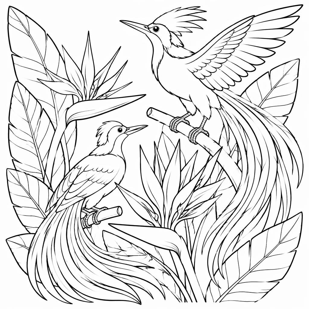 Schwarz-weiße Ausmalbild-Illustration mit detailreichen Paradiesvögeln im Manga-Stil als klare Line-Art.