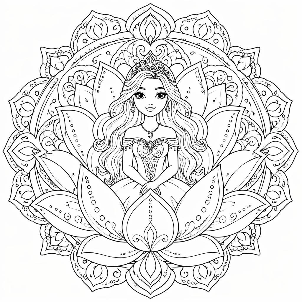 Illustration noir et blanc d’un lotus mandala détaillé, style cartoon mignon, contours nets sur fond blanc.
